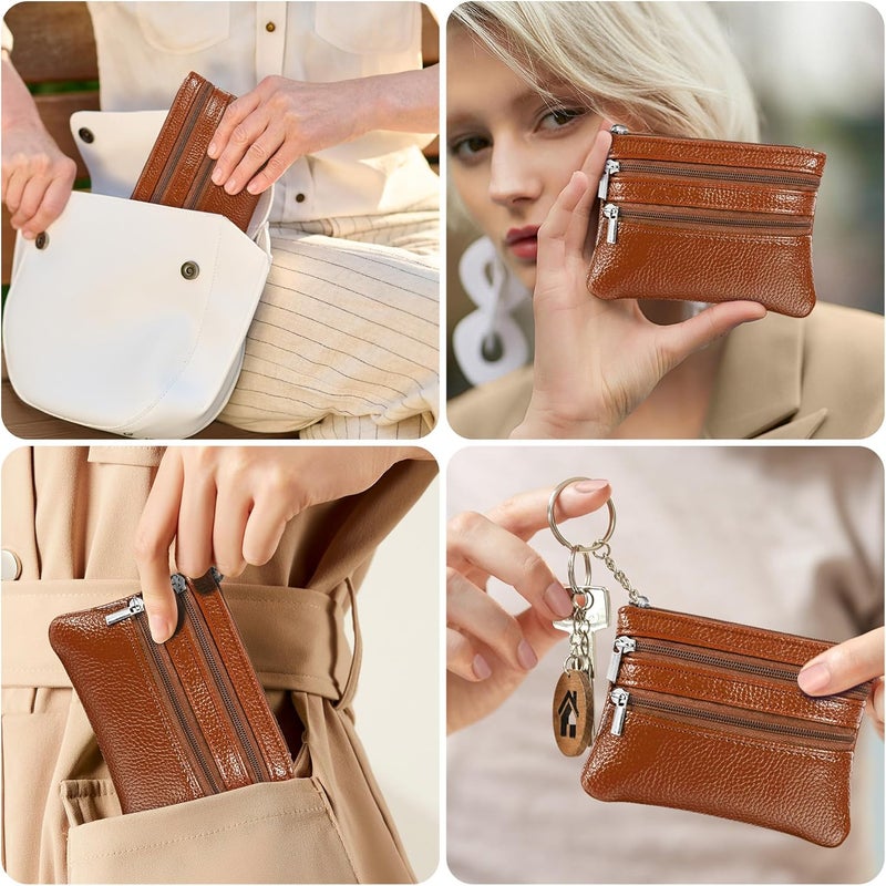 Chelmon 2 Pack Coin Purse Pouch Change Card Holder Wallet with Keychain for Women and Men (Brown & Brown) - Image 5